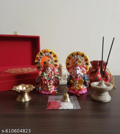 Laxmi Ganesh Ji Idols for Diwali Puja & Gift - Handcrafted Ceramic Figurines with Multicolor