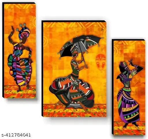 SSH Tribal Home Decorative Self Adhesive UV Textured Painting/Decor Black Frame Classical Dance Wall Art Painting (Multicolor) Home Decorative Gift item Wall Painting for living room , office , hotel MDF framed Painting 12 inch X 18 inch set of 3 pic
