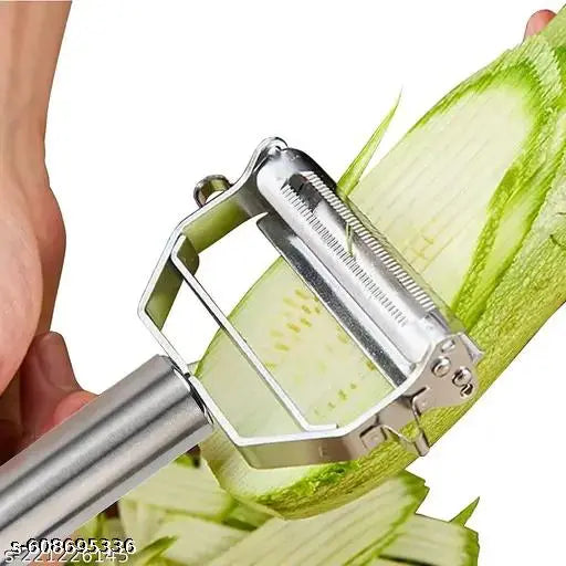 Stainless Steel 2 in 1 Julienne Vegetable Peeler Multi-Functional Fruit Vegetable Shredder Slicer Double Planing Cutter Potato Cucumber Carrot Melon Grater (Silver)