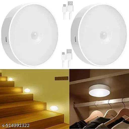VIAXANA Motion Sensor Light for Home with USB Charging Wireless Self Adhesive LED Body Induction Lamp Sensor Light for Wardrobe Lights with Sensor Night Light for Cupboard Stair (Round - Warm White, 2)