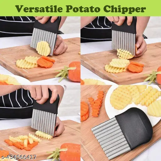 DLEST 1 PCs Crinkle Cut Knife Fork Slicing Potato Chipser Slicer Helper Stainless Steel Fruit and Vegetable French Fries cutter Wavy Chopper Poteto Twister, Safe Potato Cutter Onion Cutter French Fry Cutter,Kids Kitchen Tools 5.4 inch