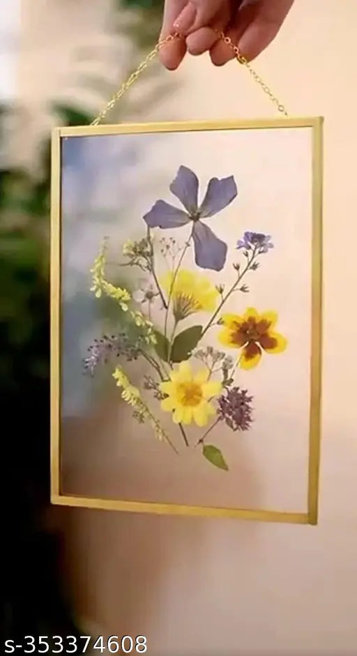 IAC Crafteriaaa Vintage Glass Hanging Photo Frame For Wall Decor (8x6 inch) | Transparent Glass and Brass Metal Hanging Pressed Flower Photo Frame For Wall