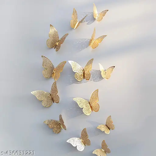12pcs 3D Metallic Finish Home Decor Butterflys with Sticking Pads - Metallic Butterflys Decorations Party 3D Butterflys Wall Stickers (Golden-Set of 12)