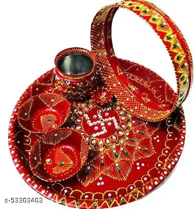 Rockfield Karwa chauth thali Set| karwachauth puja thali Set | Pooja Thal | Lota/Kalash | Channi for Karwa Chauth Pooja, (Thali, Channi, Kalash, Diya, Akshat)