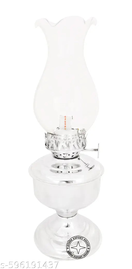 Antique Brass Designer Table Lantern Glass Oil Lamp Oil Chimney Home Decoration 9.5 x 3 Inches, Pack of 1 ( RWZC) (Nickel)