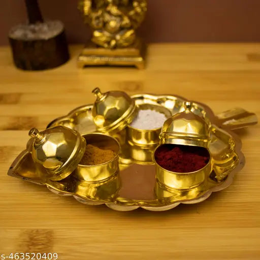 Putrika Traditional Handcrafted Brass Thali Haldi kumkum Chandhan Holder Stand Plate with Lid for Pooja/Worship - 3 Leaf Bowl - Small