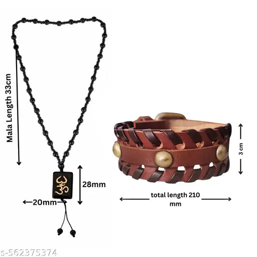 M Men Style  Religious Lord Shiv Om Pendant Mala With Men's Biker Leather Bracelet - Handcrafted Vintage Black Braided Cuff with Metal Studs | Punk Rock Wristband for Men SCom202529