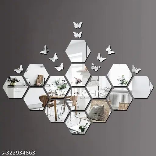 Hexagon 14 With 10 Butterflies Silver (12 cm x 10 cm Each Piece ), Mirror Stickers for Wall, Acrylic Mirror Wall Decor Sticker, Wall Mirror Stickers, Acrylic Stickers, Wall Stickers for Hall Room, Bed Room, Kitchen