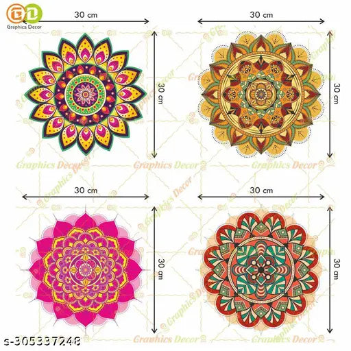 Graphics Decor | Combo Pack of 4 Colorful Rangoli Mandala Trending Floor Wall Sticker