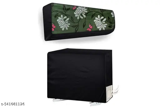 KCE STORE Split Ac Cover With Indoor and Outdoor Unit for 1.5 Ton Capacity Water Resistance & DustProof COMBO BLACK FLOWER & GREEN