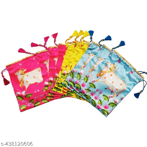 Pack of 10 Gomatha Design Potli Bags - Thamboolam Bags for Varalakshmi Pooja - Potli Bags for Return Gifts - Thamboolam Bags - Return Gifts for VaraLaxmi Vratham - Return Gifts for Housewarming - Potli Bags (Multi Colour)