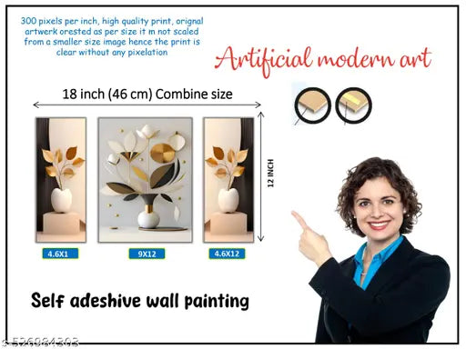 B-art Set of 3 Flower Painting For Living Room 12 Inch x 18 Inch (BA SBJM-157)