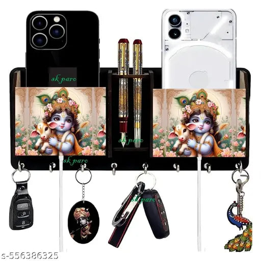 Khushansh craft wooden printed bal krishana key holder for home and office decor