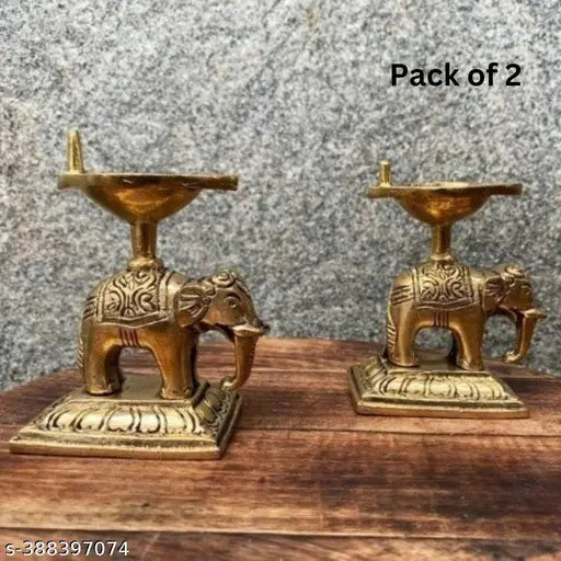 Luckypot Brass Standing Elephant Diya Pair  For Pooja/Decor Size : 3 Inch Wt : 400 Grams