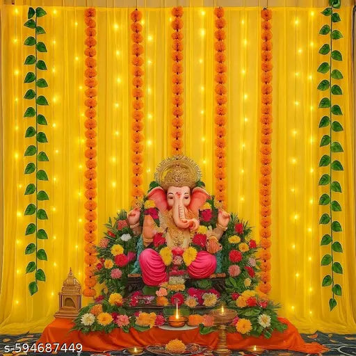 durga pooja Yellow Backdrop Decorations - 13 pcs Navratri Decoration Items, Diwali Decoration for Home, Haldi Decorations Items for Home, Backdrop Cloth(Net Curtain)