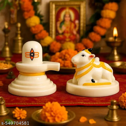 Marble Finish Shivling and Nandi Idol Spiritual Showpiece for Home Temple Pooja Room Dashboard Decor Office Table Shelf Mandir Vastu Decorative Item for Meditation Gifting Purpose Hindu God Mahadev Idol for Peace Prosperity and Positive Energy