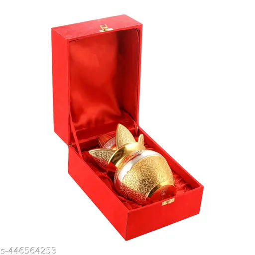 I M Handicraft Online Premium German Silver & Gold Plated Kalash Lota with Coconut,Leaves and Royal Red Velvet Box for Pooja,Temple Use, Home Decor, Wedding Gift (Medium) - 7 inch