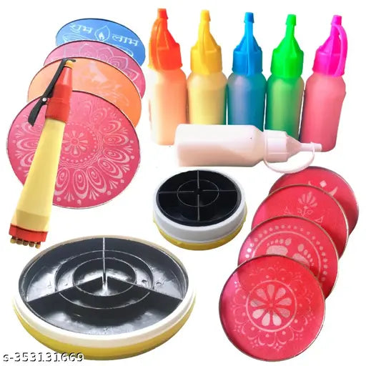 Artonezt 2 Magic Rangoli Stamp (4"+8"), 6 Rangoli Powder Squeeze Bootles, 10 Stencils, 1 Pen for Navratri Pongal Pooja Mandir Diwali Floor Decoration