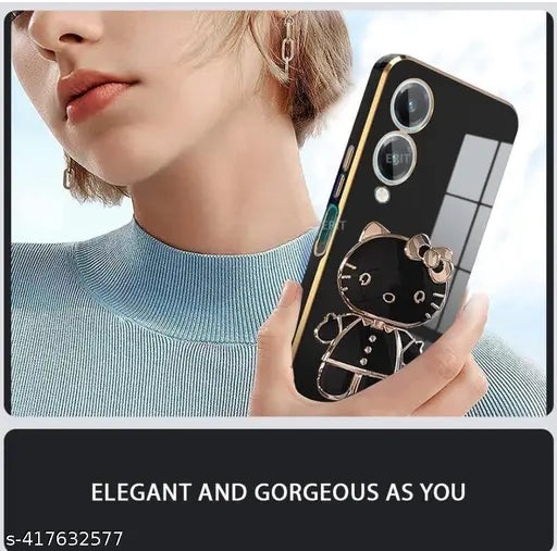 Star Creature C,at Back Cases and Covers Compatible for 'Vivo' Y28 5G Kitty C,at Back Cover Case with Stand and Mirror | Anti-Slip | Folding Stand (Black)