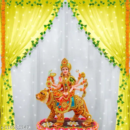 Decoration Items for Home Decor with Yellow & White net Backdrop Cloth for Decoration, Lights(40ft), Marigold & Artificial Vines, Ganesh chaturthi Decoration Items- 11 Items