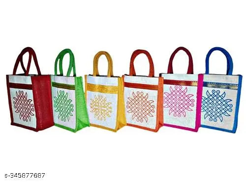 SS Eco-Life Eco-Friendly Jute Bag for Return Gift / Thamboolam Bag with Kolam / Muggu / Rangoli Print for Wedding, Housewarming, Navaratri Pooja and Varalakshmi Pooja, Baby Shower and Engagement. Pack of 10.
