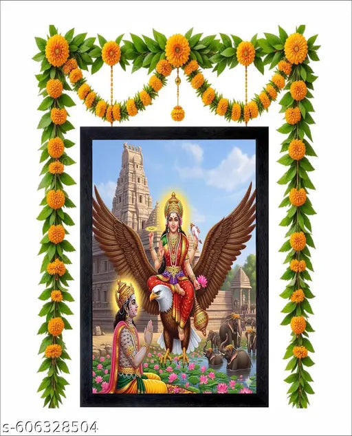 Marwal Hub Lord Vishnu Ji on Garuda Wall Hanging | Divine Vishnu Bhagwan with Garuda Vahan photo Framed Painting | Wooden Home Decor  Frame (Black, 10 x 14 Inch, Small Size)