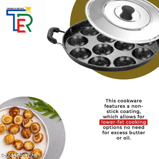 TRENDY 12 Cavities Non Stick Appam Patra with Lid and Side Handle/ kulipaniyaram pan nonstick/ appe/panniyaram kadai/Paniyaram/Appam Pan/Appam Maker/appam kadai/idali Maker/idli Pan kadai/litti maker Paniarakkal with Lid Paniarakkal with Lid 0.5 L capacit
