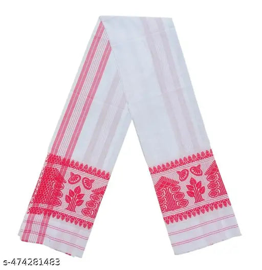 Polycotton Tribal Assamese Gamcha Red and White Flower Design Gamosa, Gamusa, Gamucha (Pack of 1)