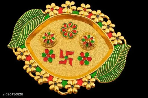 Decorative Fancy Gold Plated Pooja Thali/Haldi Kumkum Holder Box/Rakhi/Diwali Puja Plate.[10 Inch]