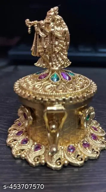 NSK- Radhakrishna Beautiful Handcrafted Gifting Sindoor Kumkum Dibbi, Handmade Traditional Haldi Sindoor Dibbi For Pooja, Antique finish, Round, Golden