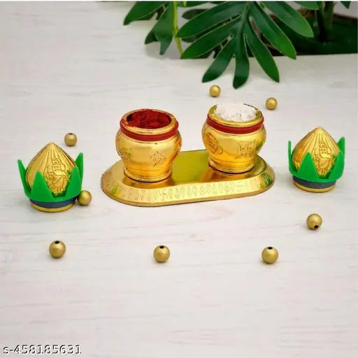 Kumkum Roli Chawal Dani Haldi Chandan Holder in Double Dibbi Kalash Chopda for  Decorative Purpose Gold finish Kalash Kumkum Holder For Pooja, Gifting, Mandir, Home, Office, Temple, Kumkum Dani