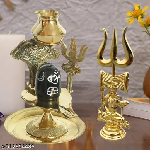 DARIDRA BHANJAN Metal Shivling, shiva set, shiv kit, shivling sheshnaag with trishul stand, Brass shivling, Shiv, Shiva Lingam, shivling Stand with Brass thali Plate.(Gold) Brass shivling shiva Vahan Nandi shiva puja