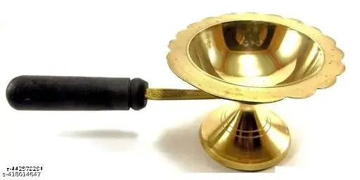 Haridwar Trends Akhand Jyoti Oil Lamp || DHUPIA WOODEN HANDLE AARTI DEEPAK Diya for Diwali Festive Decorations Diya Jyoti Stand with Cover Oil Lamp Om and Swastik Symbol Decorative Brass Diya