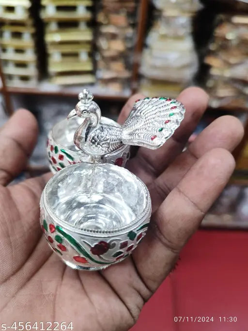 German silver Meenakari Peacock Haldi kumkum holder poja Room
