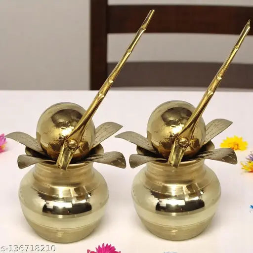 Divine Bazaar Glossy Mangal Kalash with Brass Nariyal and Brass Mango Leafs,Brass mangal kalash for vastu, vastu brass kalash, kalasha for new house pooja, Mangal Kalash for Pooja Ghar,Home Decor,Diwali Pooja, Wedding Cerimony Brass Kalash (pack of 2) (Go