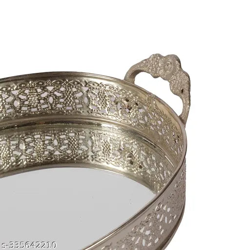 Craft Brio -A TRENDY HANDICRAFTS Oval Glass Mirror Silver Plated Serving Tray with Handmade Handles Decorative Vanity Perfume Storage Pooja Wedding Diwali Gifting Trays (26X 6 cm)