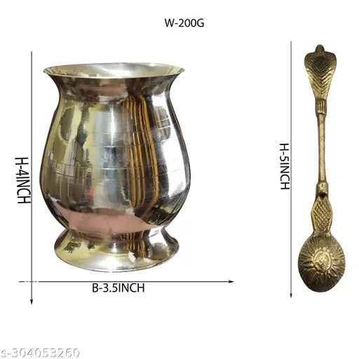 Puri Crafts  Pure Brass Pancha Patra | 4inch Lota With Brass Naga spoon H-5inch