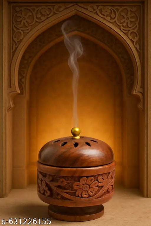 Wooden Effarts™ Royal Wooden Carved Incense Burner Box | Handmade Floral Design Agarbatti Holder with Ventilated Lid | Luxury Aroma Stand for Puja Room, Yoga & Gifting Purpose