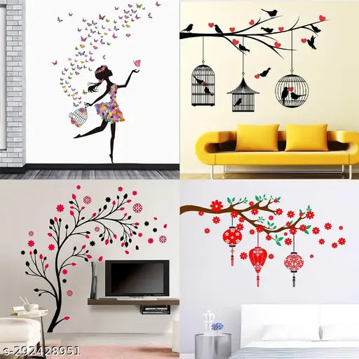 Trendy Set of 4 Wall Stickers Dreamy Girl Love Birds With Hearts magical tree Red flower with lantern Self Adhesive Vinyl Waterproof Decals for Home