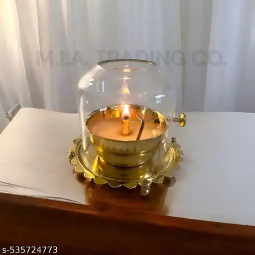 M.A COLLECTION - 100% Pure Brass Akhand Jyot Diya with Adjustable Bati Knob, Wick Lifting Screw Lever & Borosilicate Glass Cover (5.5inch, 150-200 ml Oil Capacity, Stay Lit for 24 Hours, Wick Included)