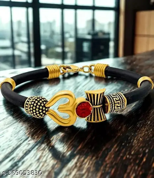 Men Black Gold Plated Affirmation Bracelet | Rudraksha Shiv Om Trishul Damroo Kada Bracelet