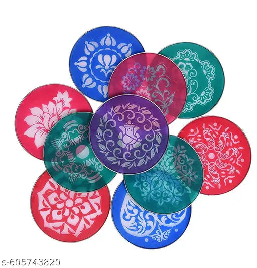 8 Inch Round 18/8 Steel Designer Flower Ganesha Kalash Swastik 8 Rangoli Stamp Stencils for Floor Decoration Diwali Decoration, Set of 8