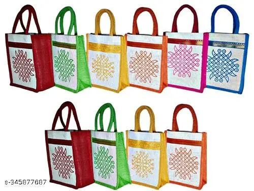 SS Eco-Life Eco-Friendly Jute Bag for Return Gift / Thamboolam Bag with Kolam / Muggu / Rangoli Print for Wedding, Housewarming, Navaratri Pooja and Varalakshmi Pooja, Baby Shower and Engagement. Pack of 10.
