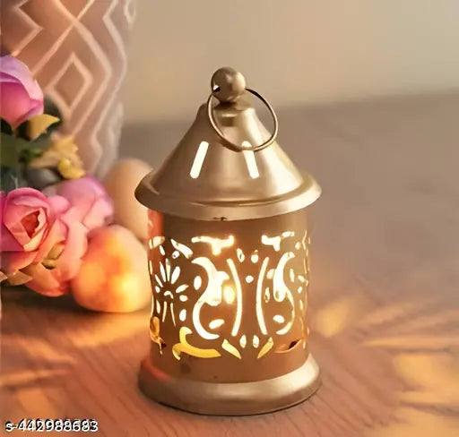 Moon International Luxury Golden Lantern Set of 2 Gold Decorative Lighting Stylish Lantern Design Gold Table Lantern Metallic Lantern Diwali & Navrat Decoration T light holder for Home Decor / Office Decoration / Diwali Gifs / Best for Anniversary.
