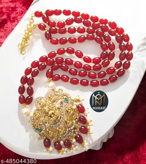Manaal Jewels Designer Maroon Color Glass Beads with Astalaxmi Pendent for Women's & Girls