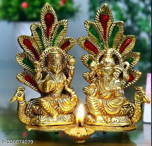 HaridwarDivine | Laxmi Ganesh Idol Statue with Diya in Peacock Design Decorative Showpiece for Diwali puja, , Gift Set - 12 cm Length (Metal, Gold)