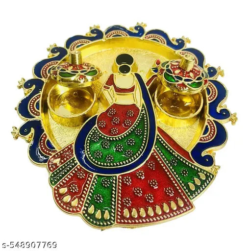 Shople India Handcrafted Meenakari Decorative Pooja Thali Set | Gold Plated Multicolor Puja Thali with Kumkum Chandan Haldi Holders | Ideal for Diwali, Rakhi, Home Mandir, Wedding Return Gift |  Rakhi  Gift for  Bhabhi