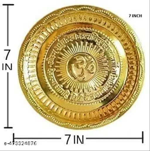 Brass Handmade Pooja Thali/Plate with Om Symbol and Gayatri Mantra in Center (Size- 7 Inch) - Religious Gift Item (Festival/Diwali Gift...
