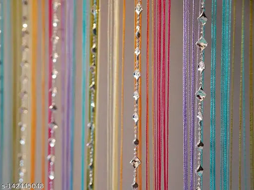 Pindia 2 Pc Decorative Thread Curtain with Silver Kite String Bead Fancy Room Divider - 7FT, Multicolor