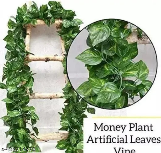 Plantswalls :- (8 Feet) (Set of 6 String) 30 Leave in one String Artificial Garlands Money Plant Hanging Leaves Greenery Vine Creeper Plants for Home Decor Main Door Wall, Balcony, Office, Decoration Party & Festival Craft
